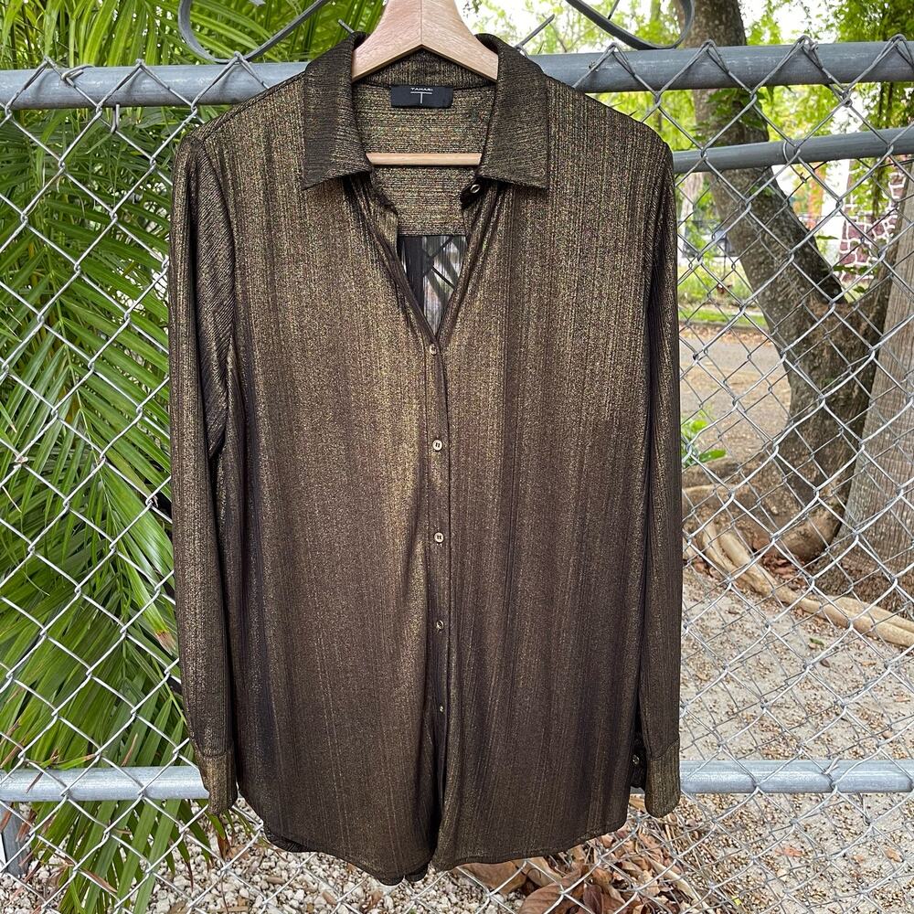 Tahari Gold Metallic Button Up Collared Long Sleeve Shirt Size Large